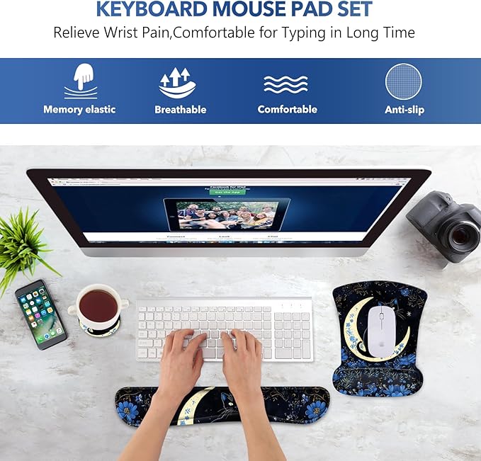 AIMSA Mouse Pad with Wrist Rest Set, Black Cat Wrist Support Mouse Pad Set, Ergonomic Mousepad with Anti-Slip Base, Memory Foam Keyboard Wrist Rest Cushion Pad