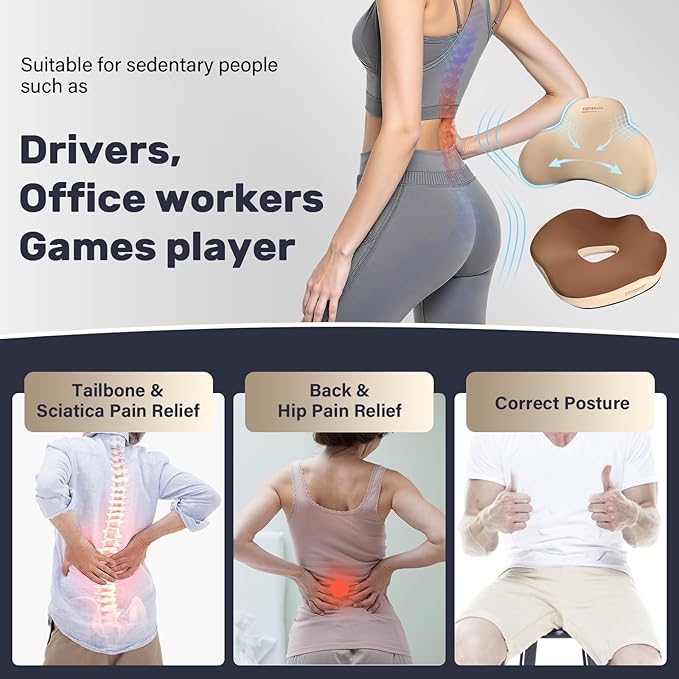 Coverado Car Seat Cushion and Lumbar Support Pillow, Memory Foam Ergonomic Back Support Driving Seat Cushion for Sciatica, Tailbone, Back Pain, Non-Slip Washable Cushion for Car, Driver, Office