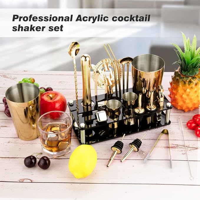 Cocktail Shaker Set, 23-Piece Boston Stainless Steel Bartender Kit with Acrylic Stand & Cocktail Recipes Booklet, Professional Bar Tools for Drink Mixing, Home, Bar, Party - Gold
