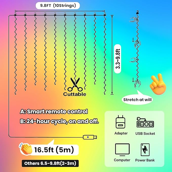 HXWEIYE 300LED Fairy Curtain Lights, 9.8x9.8Ft Multicolor USB Plug in 8 Modes Timer Christmas String Hanging Lights with Remote for Bedroom Backdrop Wedding Party Home Wall Garden Outdoor Indoor Decor