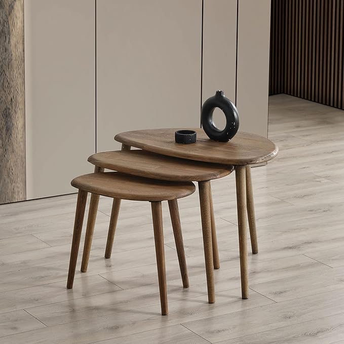 Solid Wood Nesting Coffee Table Set of 3 - Mid Century Modern Pebble Tables with Tapered Legs – Wooden Home Furniture in a Retro Style (Walnut)