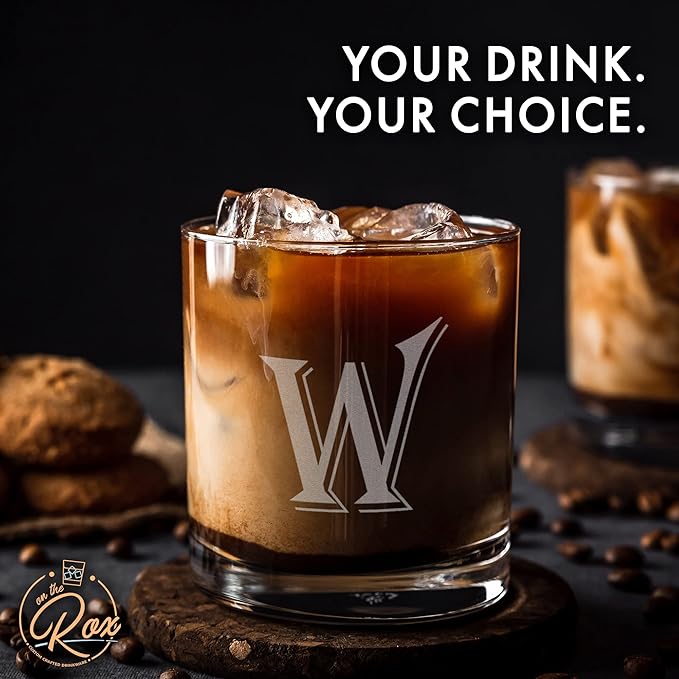 (W-Monogram)- 4 Piece Set of 11 Ounce Engraved Heavy Base Rocks Glasses- Quality Elegant Glass-Multi-Purpose Beverage-Rocks Glass- For any Occasion- By: On The Rox