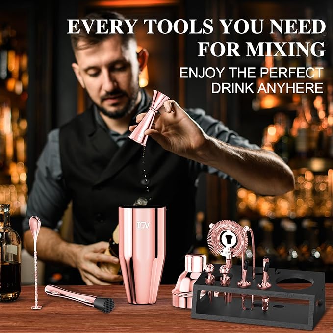 IOV Mixology Bartender Kit with Stand | 12-Piece Cocktail Shaker Set | 24oz Martini Shaker Set for Drink Mixing | Bar Set Includes All Bar Tools and Recipe Booklet | Fun Housewarming Gift (Rose Gold)