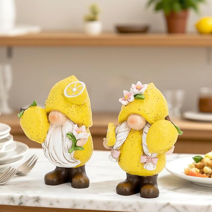 Hodao Set of 2 Lemon Gnome Figurines Sets - Lemon-Themed Gnomes Indoor Home Decor for Summer - Decorative Gnomes for Kitchen, Living Room, or Shelf - Cute Yellow Ornaments for Thanksgiving (Yellow-1)