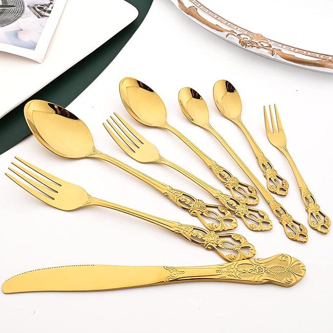 Elegant Gold Silverware Set with Steak Knives 30 Piece Flatware Sets for 6 Tableware Utensils, 18/10 Stainless Steel Cutlery Set Include Knifes Forks Spoons, Mirror Polished, Dishwasher Safe