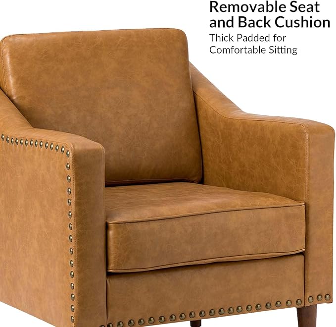 HULALA HOME Faux Leather Accent Armchair with Back & Seat Cushions, Traditional Club Chair with Nailhead Trim, Comfy Upholstered Sofa Chair for Bedroom Living Room, Camel