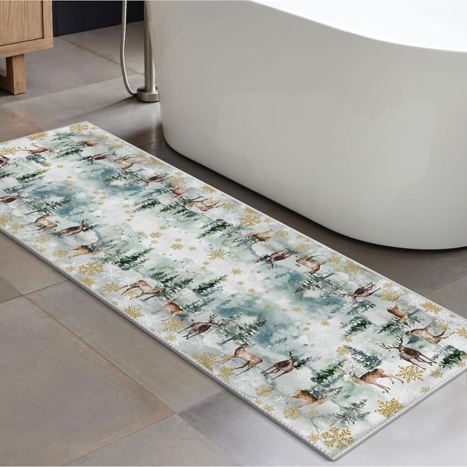 Artoid Mode Deer Snowflakes Pine Tree Christmas Area Rug, Xmas Winter Home Decor Low-Profile Non-Slip Washable Runner Rug for Entryway Bedroom Living Room Laundry Room Indoor 2x6 Feet
