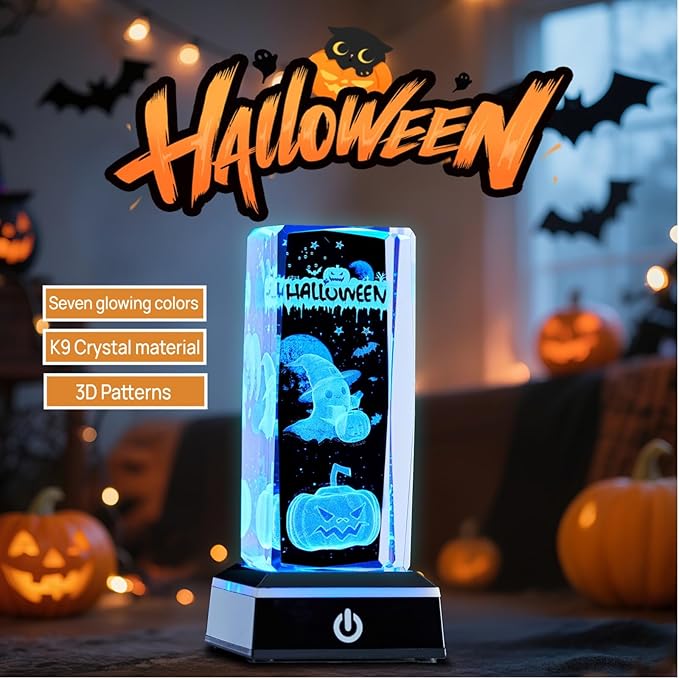 Crystal Night Light Halloween Decor Gifts for Women Men, 3D Pumpkin Ghost LED Lamp Spooky Halloween Home Party Decoration Gifts with Colorful Base