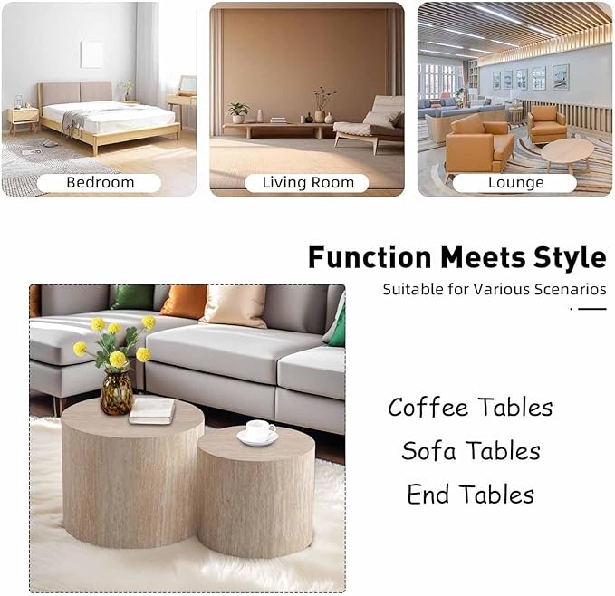 Modern Round Wooden Nesting Circle Coffee Table Set of 2 with Non-Slip Feet, Accent Side End Table, Saving Space Design and No Need Assembly,B