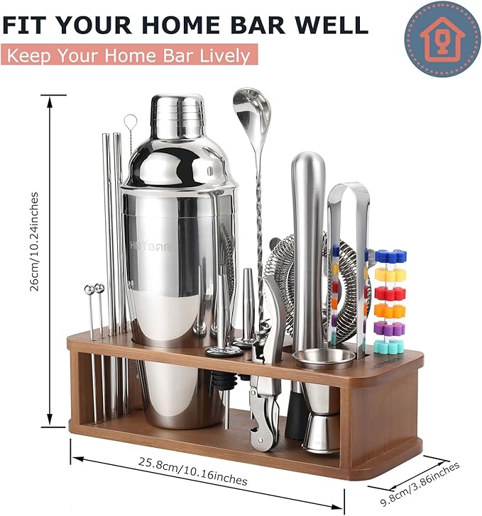 HMYBAR® 22-pc Cocktail Shaker Set(24oz/700ml) | Mixology Bartender Kit | Bar Tool Set | Martini Making Set with 39-Recipe Cocktail Cards & Kit's Deco, Bamboo Stand Brown Color, Silver Tools