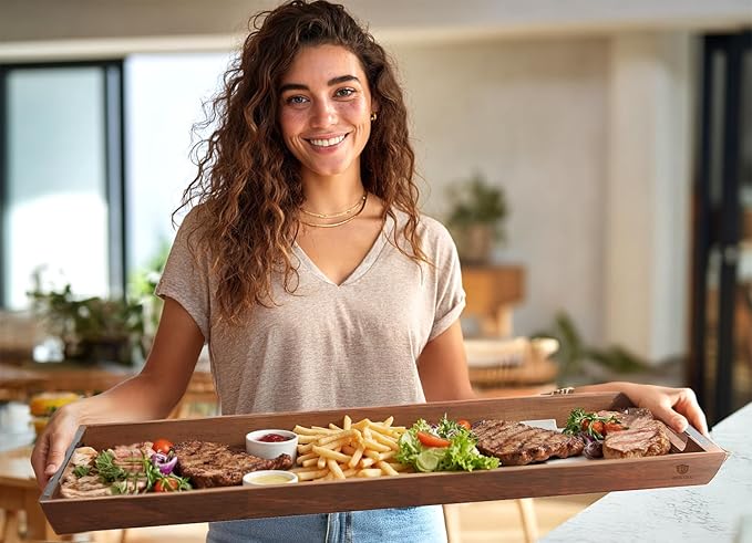 Large Acacia Wood Serving Tray with Metal Handles - 36" Long Charcuterie Board for Cheese, Meat & Appetizers - Perfect for Kitchen Use, Entertaining, BBQ Gatherings & Home Decor Display