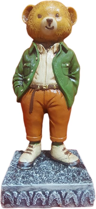 T7 Teddy Bear Figurine in Green Jacket – Handcrafted Resin Bear Statue – Cute Shelf Decor & Gift Idea – Collectible Home Ornament for Kids, Adults & Bear Lovers | Tiig