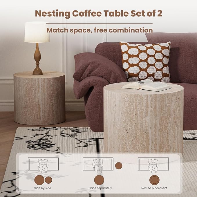 Round Nesting Coffee Table Set of 2 Modern Wood Coffee Tables Handcraft Drum Coffees Table Farmhouse Round Sofa Side Tables End Table for Living Room Small Spaces, No Assembling (Travertine)