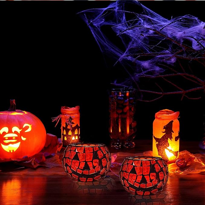 SHMILMH Halloween Candles Holder Set of 4, Grimace Tealight Holders, Handmade Mosaic Pumpkin Glass Votive Candle Holders for Halloween Table Centerpiece Home Decor