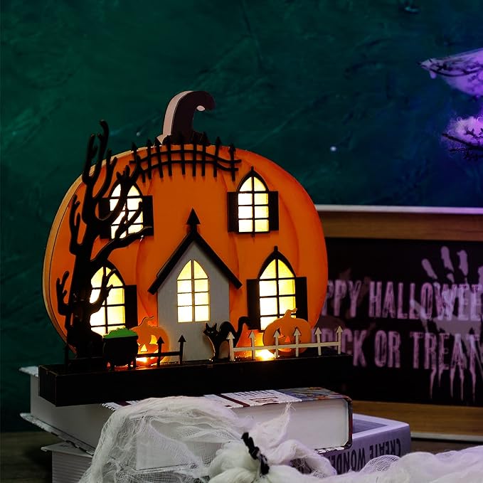 Lulu Home Halloween Tabletop Decoration, Wooden Lighted Pumpkin House Decoration Ornaments, Battery Operated Halloween Sign Indoor Fireplace Desk Kitchen Table Ornament, 9 x 9 x 2.1 INCH