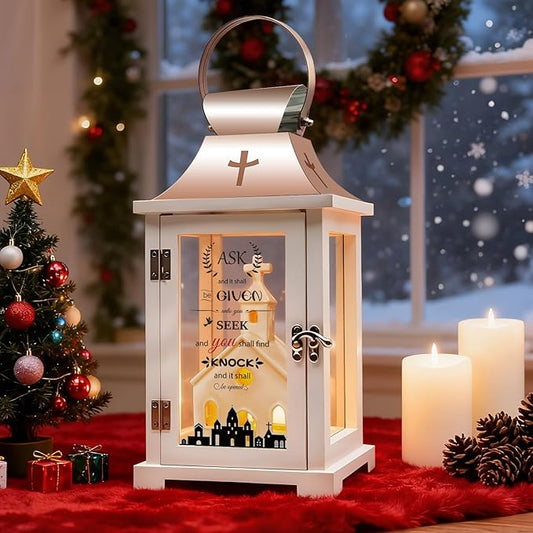 Christmas Village Houses for Table Centerpieces, Christmas Lantern for Modern Farmhouse Decor, Hanging Candle Lantern for Xmas Home Decor Indoor Outdoor, Ceramics Church Figurine