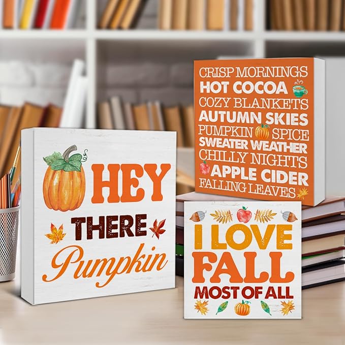 3 Pcs Fall Wood Signs Decor Autumn Wood Block Signs Farmhouse Fall Pumpkins Leaves I Love Fall Most of All Wooden Box Signs Home Decorations for Kitchen Tiered Tray Desk Table Shelf