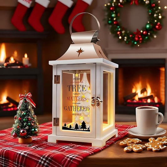 Ceramic Christmas Tree That Light up for Table Centerpieces, Modern Farmhouse Lantern Decor Indoor, Hanging Candle Lantern for Home, Holidays Tabletop Décor Gift, Xmas Tree Figurine