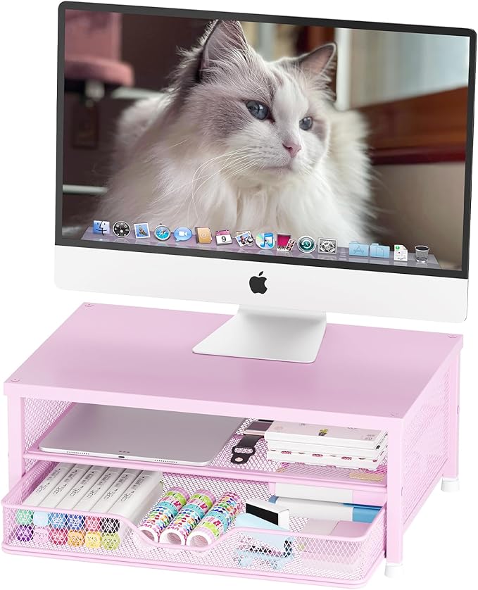 Desk Organizers and Accessories, 2-Tier Computer Monitor Stand Riser with Drawer, Laptop Stand, Office Desk Accessories, Workspace Desktop Organizer for Office Supplies, Pink