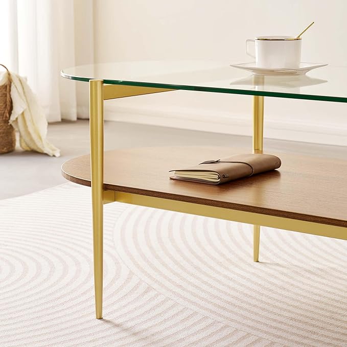 Oval Glass Coffee Table, Mid-Century Modern Design, L41 x W21 x H17 inch, for Living Room, 2-Tier Structure, Clear Glass Top and Walnut Finish Wood Shelf, Conical Legs with Gold Finish Frame