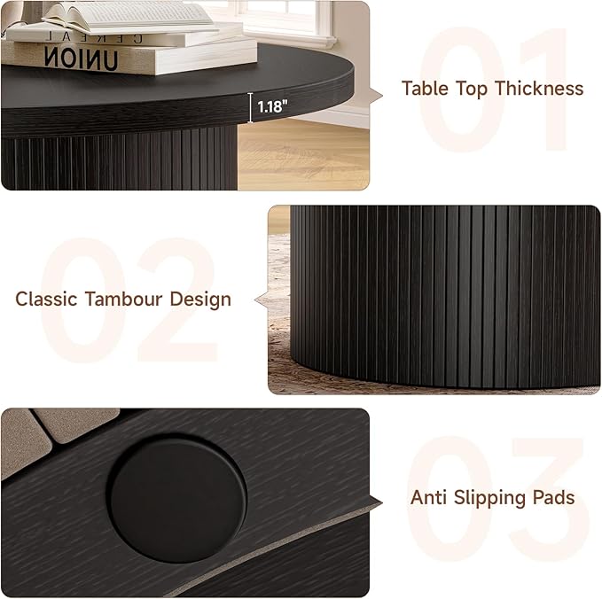 ONBRILL 31.5" Round Coffee Table, Tambour Design Coffee Tables for Living Room, Mid Century Modern Wood Coffee Table, Drum Accent Small Center Table, Black