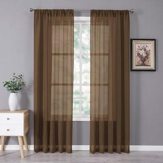Tollpiz Sheer Curtain Linen Textured Living Room Curtains Sheer Light Filtering Rod Pocket Voile Curtain for Bedroom, 54 x 72 inches Long, Brown, Set of 2 Panels