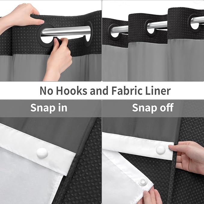 YellyHommy No Hook Shower Curtain with Snap in Liner Set Less Time Black Waffle Shower Curtain for Bathroom 75" L x 72" W