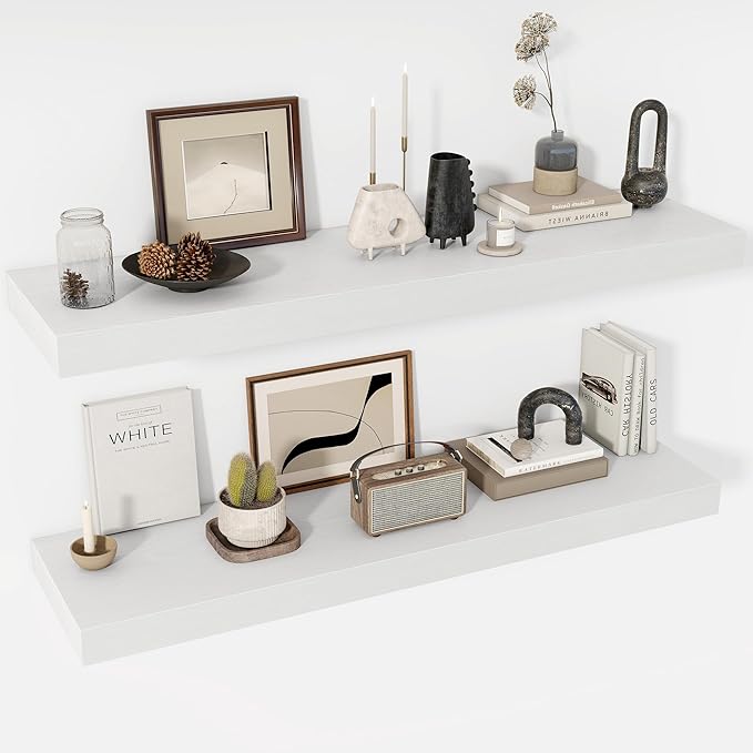 48 Inch Floating Shelves, 12" Deep Floating Shelf Wall Mounted, 48" Wall Shelves, Rustic Deep Bookshelf, Extra Deeper & Thicker Display Shelves for Bedroom, Living Room, White, Set of 2