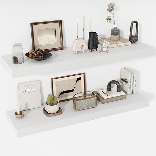 48 Inch Floating Shelves, 12" Deep Floating Shelf Wall Mounted, 48" Wall Shelves, Rustic Deep Bookshelf, Extra Deeper & Thicker Display Shelves for Bedroom, Living Room, White, Set of 2