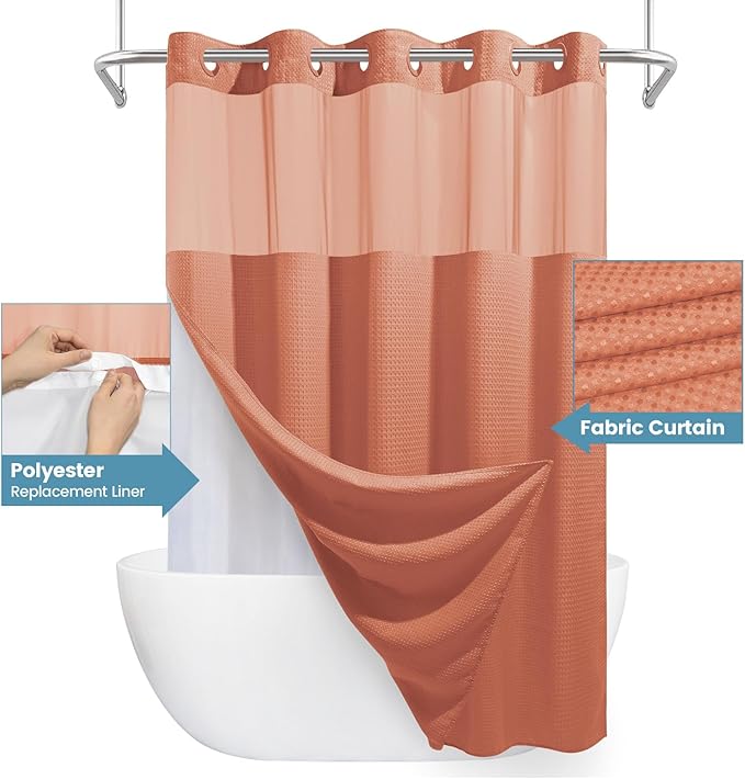 Coral Hotel Shower Curtain with Detachable Liner - 230GSM Waffle Textured,Hotel Grade,Spa Like Bath Curtain,71W x 74H