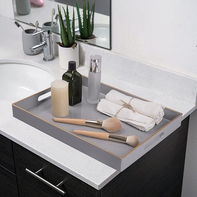 MAONAME Gray Serving Tray with Handles, Rectangular Decorative Tray, Modern Coffee Table Trays, Plastic Ottoman Trays for Bathroom, Decor, 15.7” x 11.8” x 1.57"