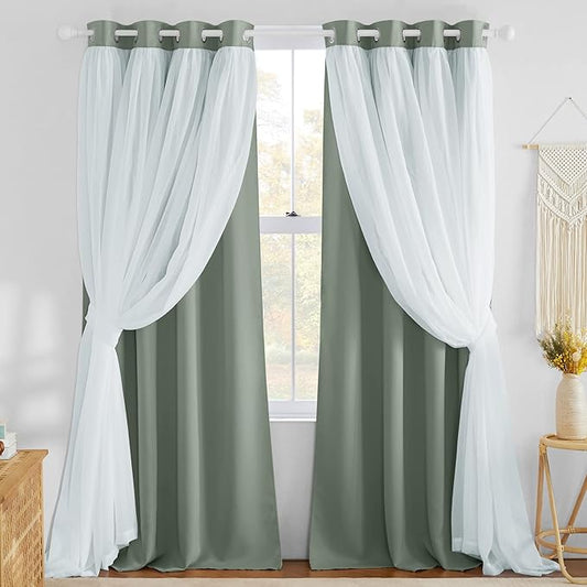 NICETOWN Blackout Curtains 84 inches Long for Bedroom Decor, Sage Green Farmhouse Country Double Layer Curtains with White Crushed Sheer Overlay for Nursery/Loft, 52" Wide x 84" Long, Set of 2