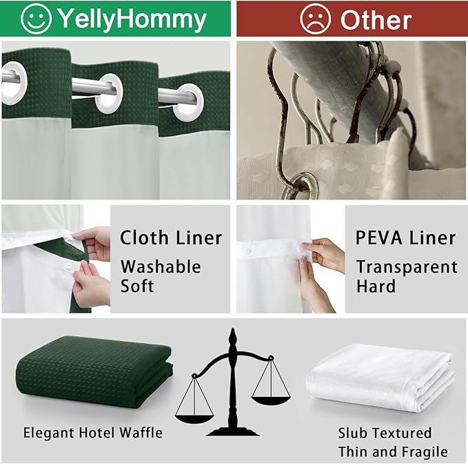 YellyHommy No Hook Shower Curtain with Snap in Liner Set Less Time Dark Green Waffle Shower Curtain for Bathroom 75" L x 72" W