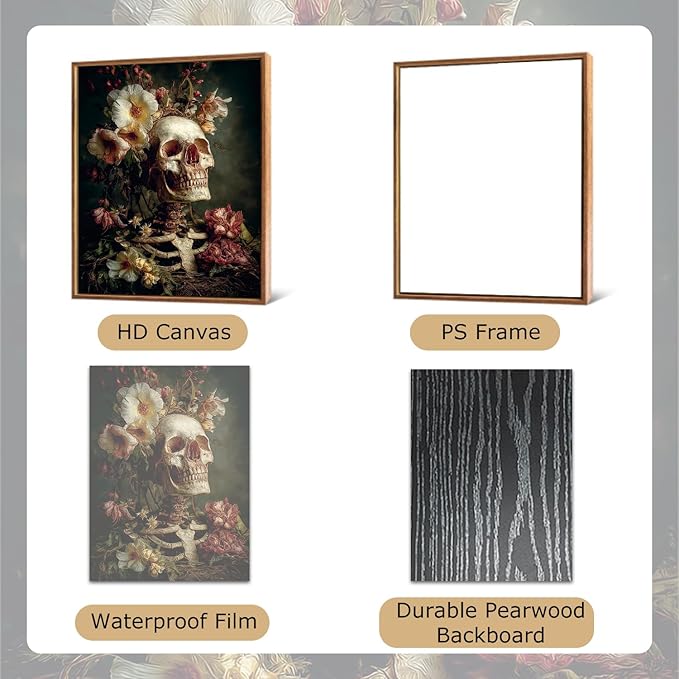 LHIUEM 12”x16”Halloween Gothic Skull Framed Painting Creepy Spooky Skeleton Flowers Decor Romantic Rose Wall Decor Dark Goth Skull Canvas Wall Art Vintage Halloween Skeleton Picture for Home Gallery
