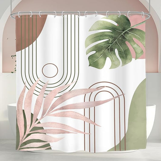 Glawry Abstract Tropical Shower Curtain Chic Boho Plant Palm Leaf Watercolor Pink Green Simple Minimalist Bathroom Modern Botanical 72Wx72L Inches Bath Accessories Art Home Decor Fabric 12 Pack Hooks