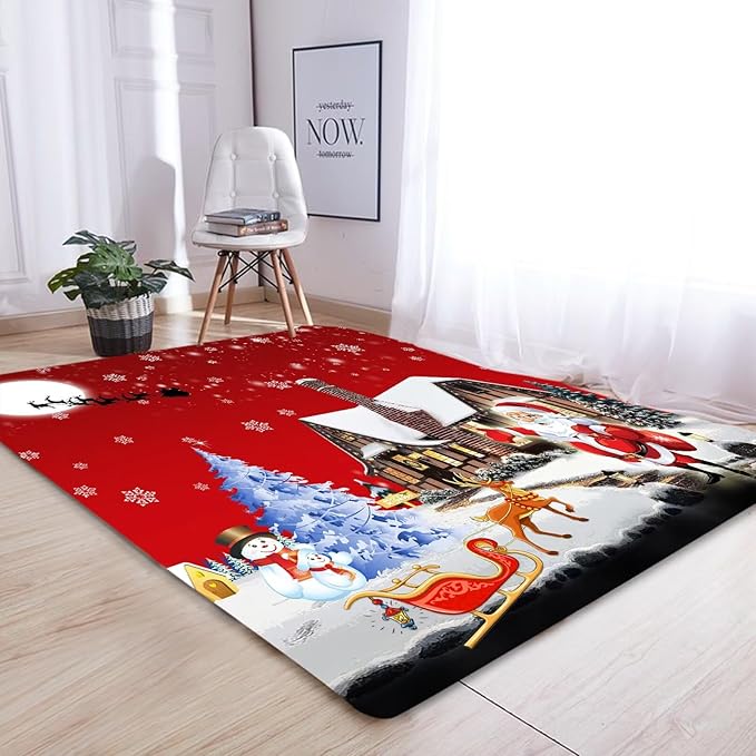 kxry Area Rugs 5X7 Feet, Merry Christmas Soft Machine Washable Area Rugs Santa Claus Deer Christmas Tree Snowman Non Slip Foldable Floor Carpet for Living Room Bedroom Dining Room Dorms