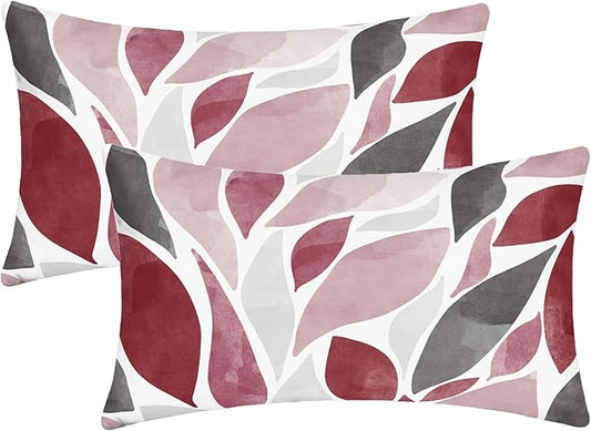 CaliTime Throw Pillow Cases Pack of 2 Cozy Fleece Falling Dahlia Floral Flowers Petals Decorative Cushion Covers for Couch Bed Sofa Farmhouse Decoration 12 X 20 Inches Burgundy Pink Grey