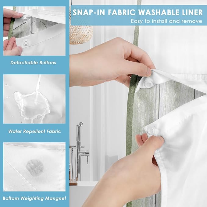 No Hook Daisy and Butterfly Shower Curtain with Snap in Fabric Liner Set, Green Rustic Farmhouse Double Layers Waterproof Fabric with See Through Top Window Open Grommet Bath Curtain 54x80 Inch