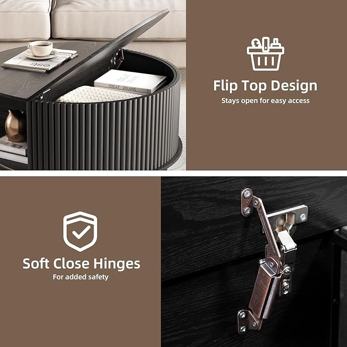 Round Coffee Table with Storage, 31.5" Center Table with Sliding Door,Fluted Small Coffee Table for Living Room,Black