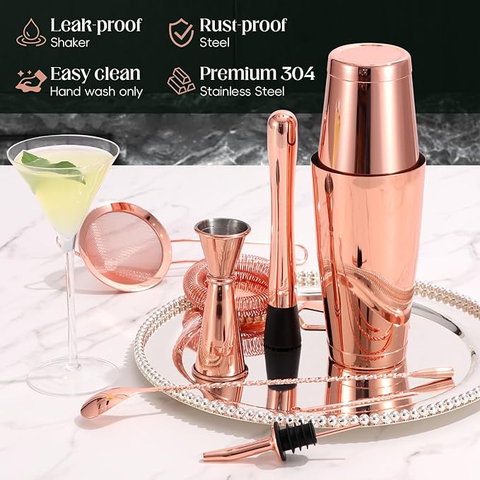 Boston Shaker Set Rose Gold, Stainless Steel Cocktail Shaker Set, 12 Pcs Bartender Kit Includes 18oz & 28oz Shaker Tins, Cocktail Strainer Set, Japanese Jigger and Bar Accessories