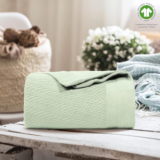 THREAD SPREAD Knitted Geometric Herringbone Pattern Handwoven Blanket 100% Extra Long Staple Cotton - Soft & Cozy Thermal All Season Throw for Bed Couch Chair Outdoors (Twin/Twin XL, Sage)