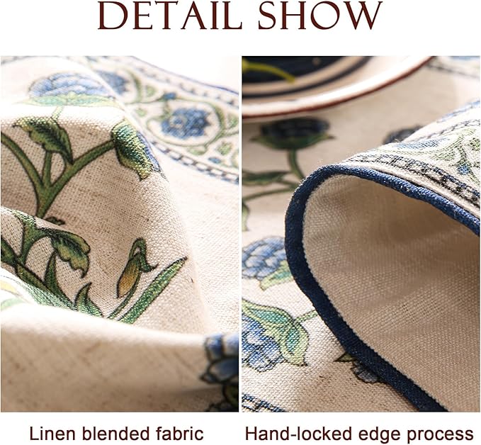 patdrea Designer Blue Rustic Elegant Floral Patterned Linen Table Runner 87 Inch Long,Wrinkle Resistant Table Mat,Decoration for Kitchen Dining and Coffee Tables Banquet Christmas , 12"x87"