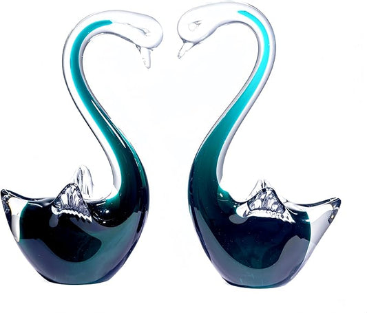 Hand Blown Glass Aqua Green Swan Figurines Set - Weatherproof Glass Art, Indoor/Outdoor Decor, Pair of 2 - Perfect Garden Art, Home Shelf Display & Gift for All Occasions