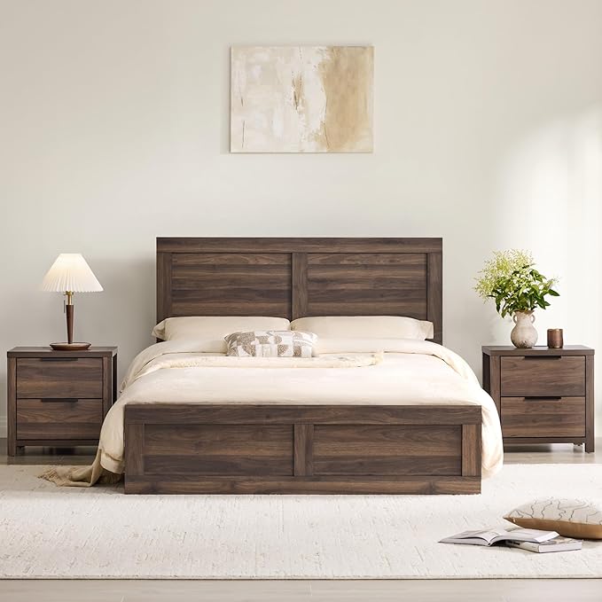 21" Farmhouse Nightstand Set of 2 with Charging Station 2 Drawers Large End Table with Metal Handle Rustic Low Night Stand Wood Dresser for Living Room Bedroom Closet,Walnut