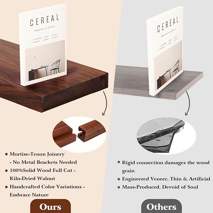 Solid Walnut Floating Shelves for Wall, 24"*10"*1.6"Real Thick Wood Mounted Wall Display Shelf with Joinery for Home Decor, Bathroom,Kitchen Set of 1（ Natural Walnut Brown）