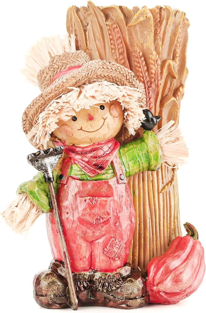 Handcrafted Thanksgiving Scarecrow Figurines, Fall Harvest Tabletop Decorations with Candle Holder, Autumn Resin Decor for Home, Porch, or Garden (Boy)