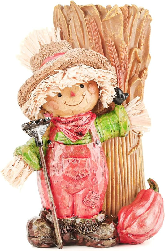 Handcrafted Thanksgiving Scarecrow Figurines, Fall Harvest Tabletop Decorations with Candle Holder, Autumn Resin Decor for Home, Porch, or Garden (Boy)