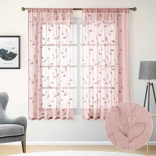 HOMEIDEAS Blush Pink Floral Sheer Curtains 63 Inches Long 2 Panels Embroidered Pattern Semi Sheer Window Curtains for Bedroom Living Room