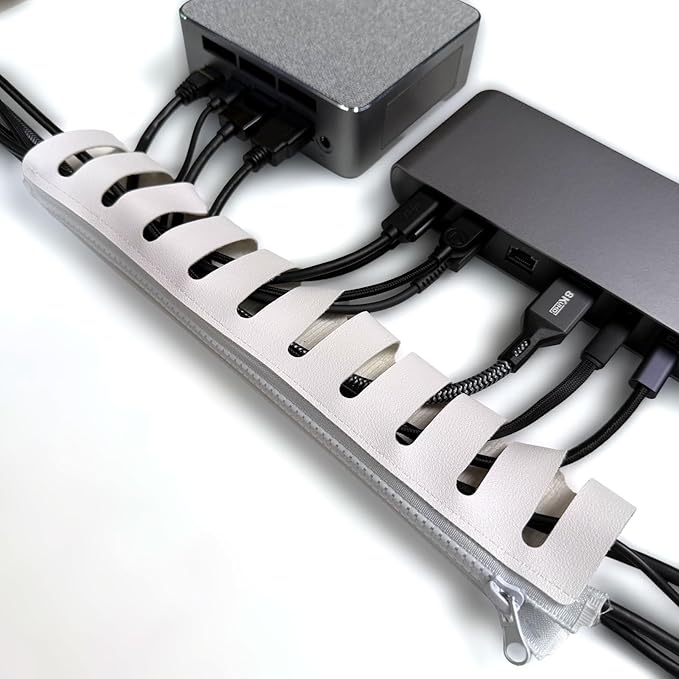 Under Desk Cable Organizer 2-Pack – PU Leather, Zipper Closure with 10 Cable Slots, Tool-Free Mount, Connectable Design for Home and Office Wire Management (White)