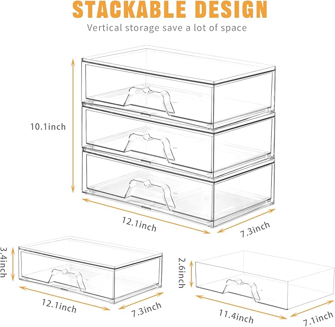 5 Pack Makeup Organizer Stackable, 12.1''L Bathroom Organizer and Storage Acrylic Undersink Drawer Organizer, Cosmetics and Beauty Supplies,Clear Plastic Storage Bins for Vanity,Pantry,Cabinet,Kitchen